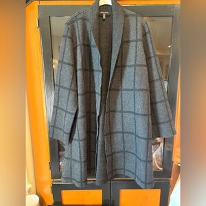 Eileen Fisher Gray Plaid Open Front Coat XL